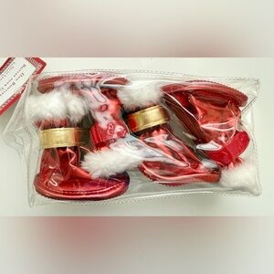 Red and White Pet Boots with Gold Accents
